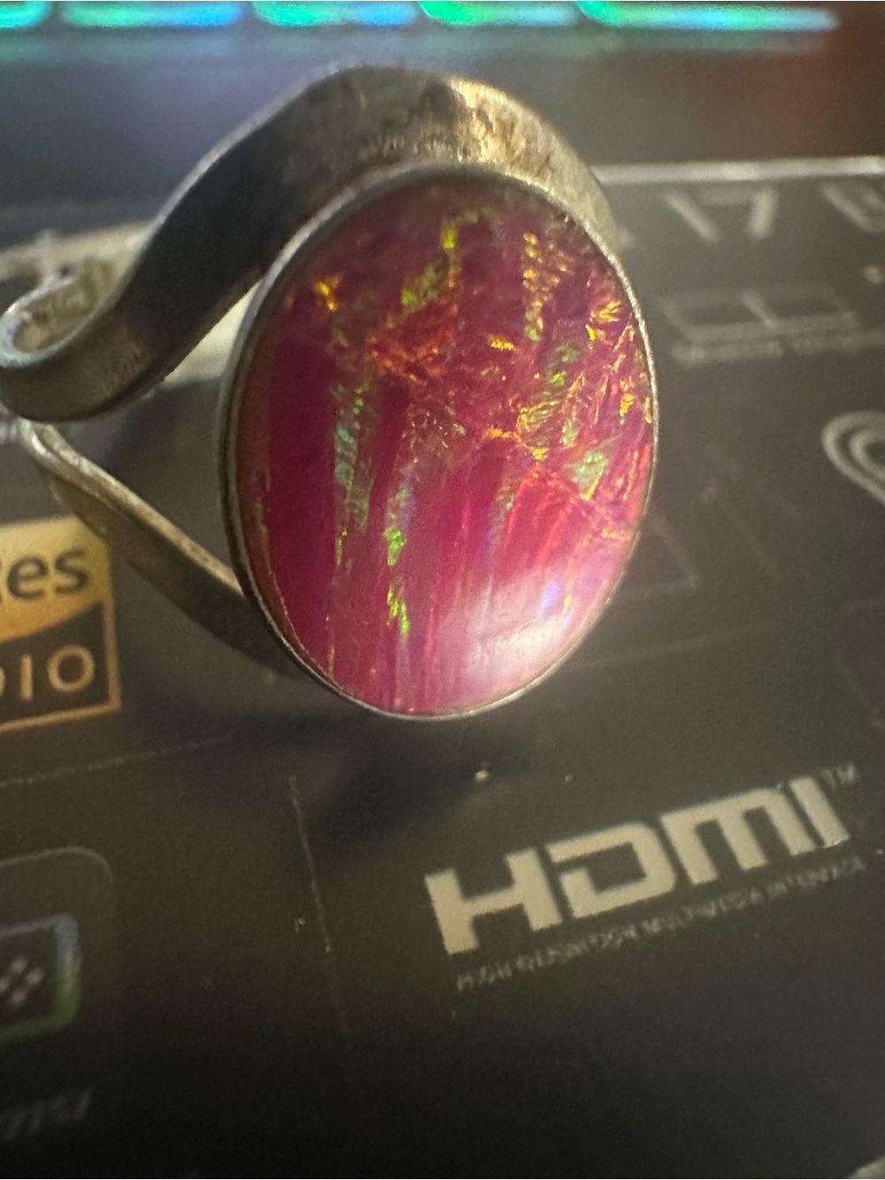 Iridescent Pink opal-like gemstone silver Statement Ring unisex